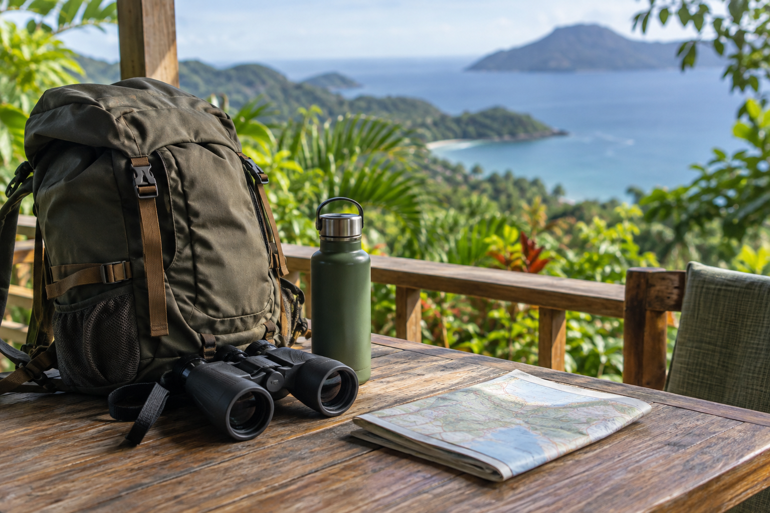 Illustration: A packed day bag, binoculars, reusable water bottle and folded unmarked map on a wooden veranda table, lush tropical greenery and a distant coast softly out of focus, no identifiable landmarks.